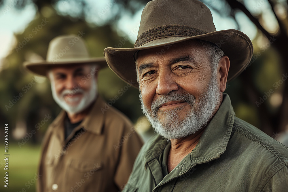 Fototapeta premium Portrait of two happy hispanic senior men wearing hats and shirts outdoors. 