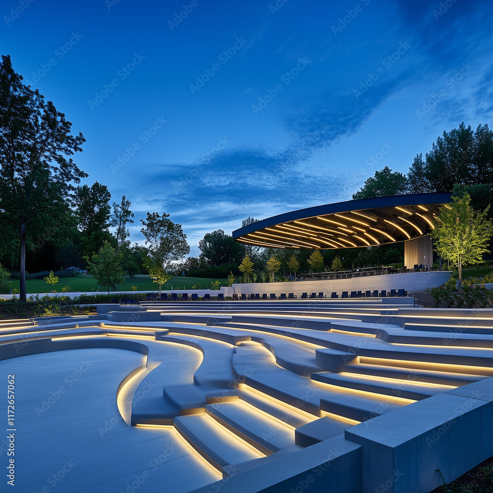 A modern amphitheater with LED-lined seating, an open-air stage, sleek architectural design, and advanced acoustics, creating a vibrant space for performances and events.