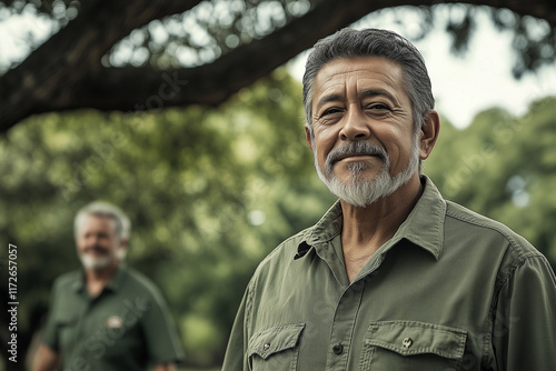 A middle-aged Hispanic man with gray hair. In the background, there is a forest and his friend.