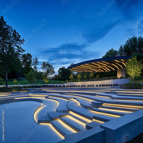Obraz na płótnie A modern amphitheater with LED-lined seating, an open-air stage, sleek architectural design, and advanced acoustics, creating a vibrant space for performances and events. w salonie