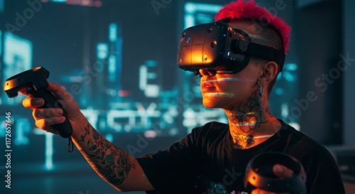 Tattooed Gamer Wearing VR Headset Holding Controllers in a Cyberpunk Room