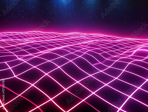 Pink Neon Grid Landscape Underneath a Starry Night Sky photo