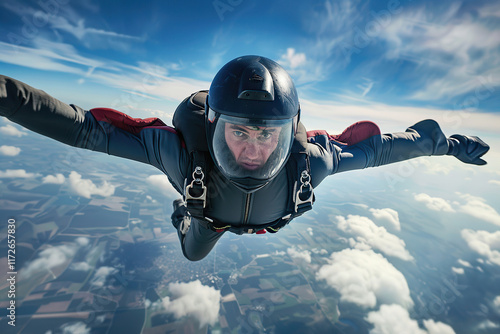 Parachutist with parachute makes heavenly adventure against on nature landscape, abstract vivid composition consists of fictional unreal fantastic vision on background photo