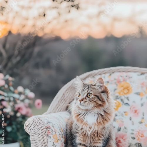 Chat à longs poils assis sur une chaise fleurie en extérieur photo