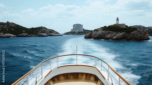 Yacht Voyage Past Coastal Islands Lighthouse and Building
