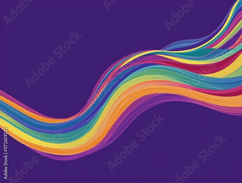 
Colorful lines in motion on a purple background, a simple flat vector illustration, a minimalistic design with colorful streaks moving quickly from left to right.