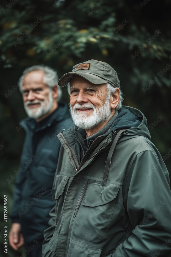 Two happy men in their fifties wearing outdoor clothes hiking in a forest. Two happy men in their fifties wearing outdoor clothes hiking in a forest.