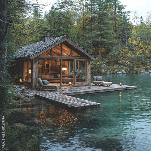 Cozy lakeside cabin at dusk, forest backdrop, relaxation retreat photo