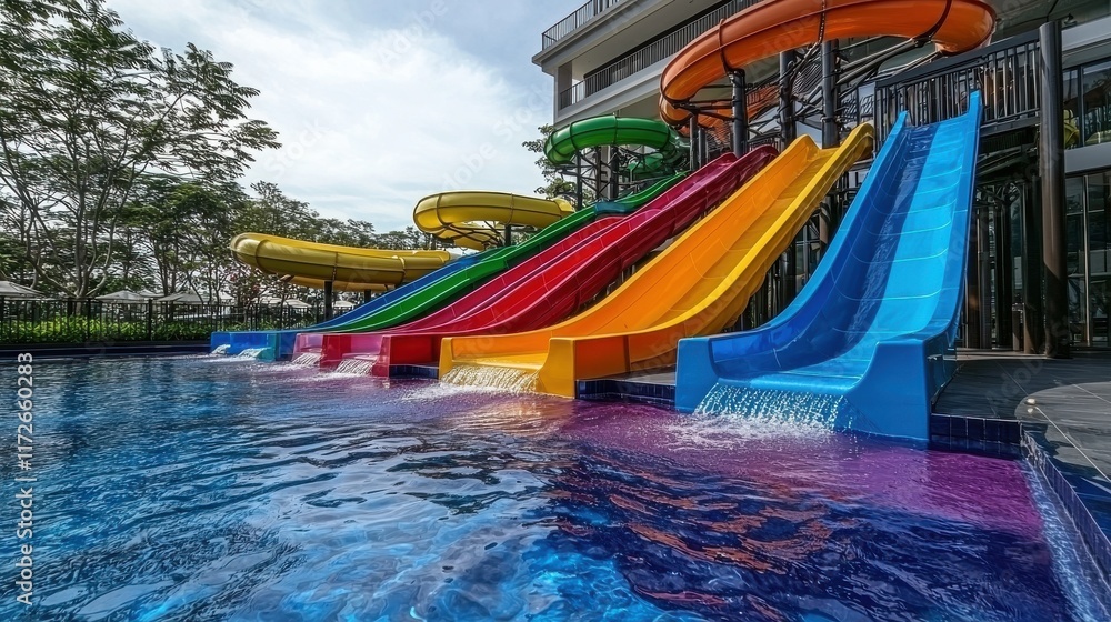 Exciting family-friendly pool experience with colorful water slides community park fun environment child-friendly concept Exciting family-friendly pool experience with colorful water slides community park fun environment child-friendly concept
