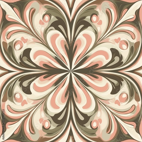
Floral retro groovy pastel pink, peach, and brown earth-toned seamless pattern on a white background.