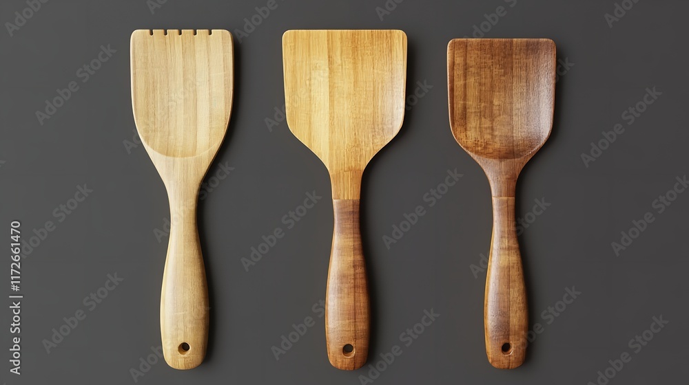 Set of wooden forks and spoons lying on white background