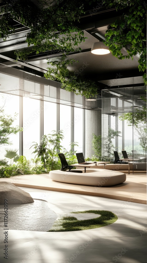 Fototapeta premium Modern office, abundant plants, calming water feature.