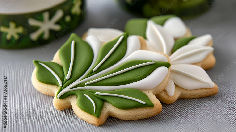 Beautifully decorated leaf and flower cookies in green and white icing, perfect for celebrations or special occasions. Beautifully decorated leaf and flower cookies in green and white icing, perfect for celebrations or special occasions.