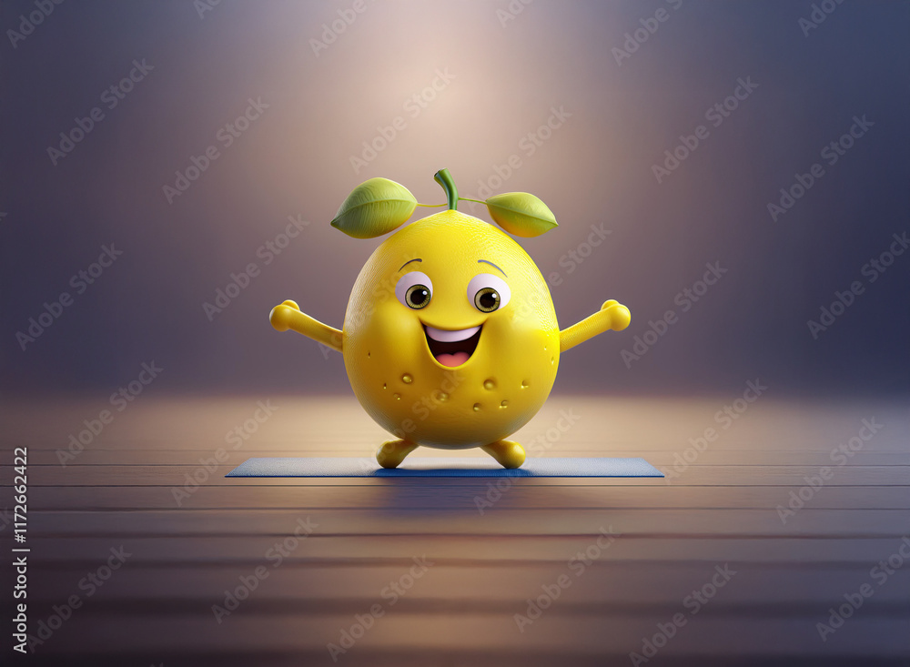 A cheerful, cartoon lemon performs yoga on a mat, radiating vibrant energy and healthy vibes. Its joyful expression promotes well-being. A cheerful, cartoon lemon performs yoga on a mat, radiating vibrant energy and healthy vibes. Its joyful expression promotes well-being.