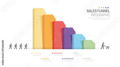Infographic 6 label step Sales funnel diagram template for business, digital marketing data, presentation vector infographics.