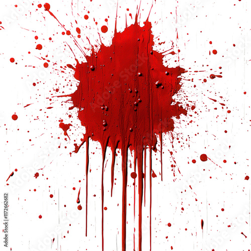 Crimson Stains on Pure Canvas, vivid blood splatter against a stark white backdrop, exploring themes of contrast and chaos