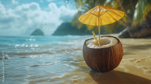 Wallpaper Mural Tropical Beach Paradise: Coconut Drink Under a Tiny Umbrella Torontodigital.ca