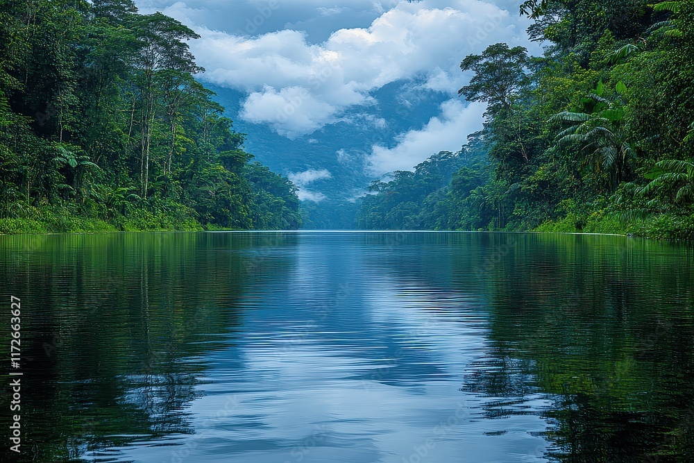 Tranquil river reflection surrounded by lush rainforest under a cloudy sky in a tropical environment Tranquil river reflection surrounded by lush rainforest under a cloudy sky in a tropical environment