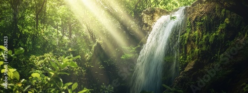 An enchanting view of a hidden forest waterfall surrounded by lush greenery, with sunlight filtering through the trees and creating a magical glow, Forest waterfall scene © Fidel