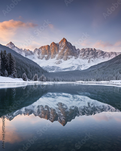 Wallpaper Mural mountain, lake reflection, winter, snowy mountains, serene, landscape, nature, cold, frozen lake, scenic view, winter scene, peaceful, wilderness, tranquil, snow-covered, mountain backdrop, outdoor, a Torontodigital.ca