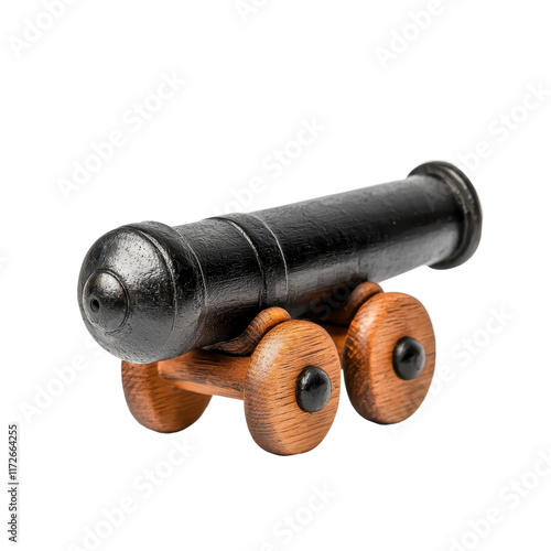 Antique Black Iron Cannon with Wooden Wheels