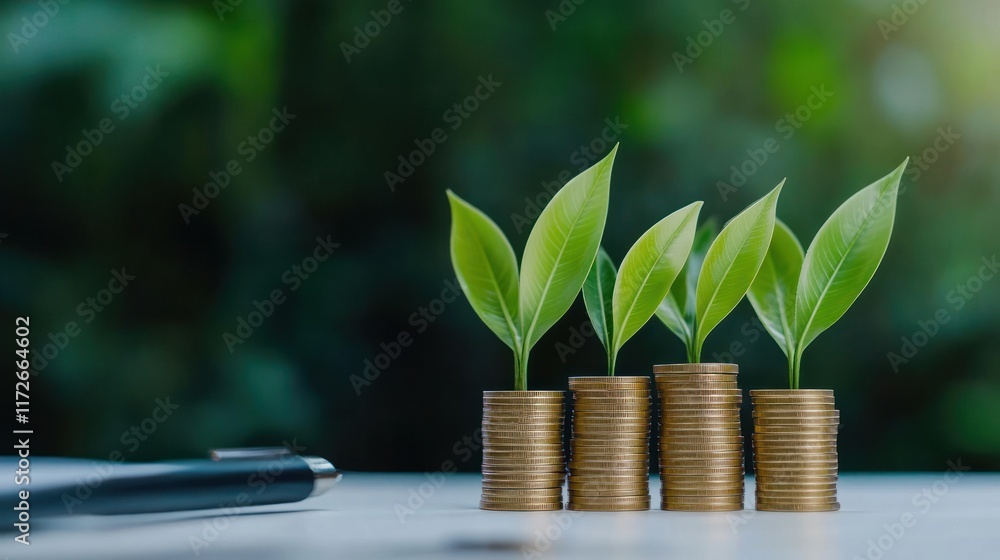 Coins stacked with green leaves symbolizing growth and investment. Coins stacked with green leaves symbolizing growth and investment.