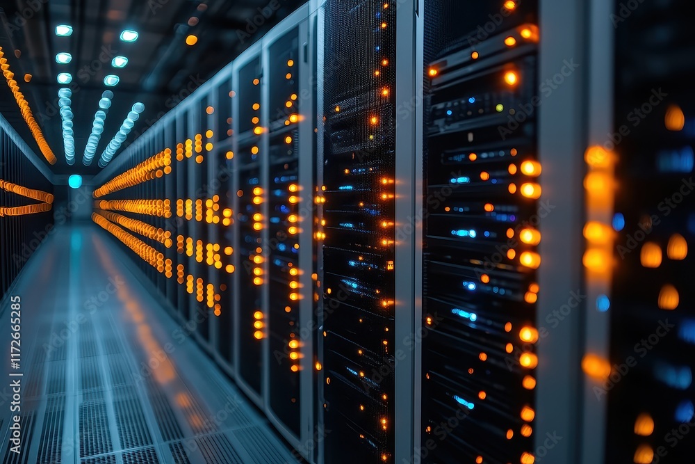 Datacenter interior with illuminated servers highlighting technology and data storage operations in action Datacenter interior with illuminated servers highlighting technology and data storage operations in action