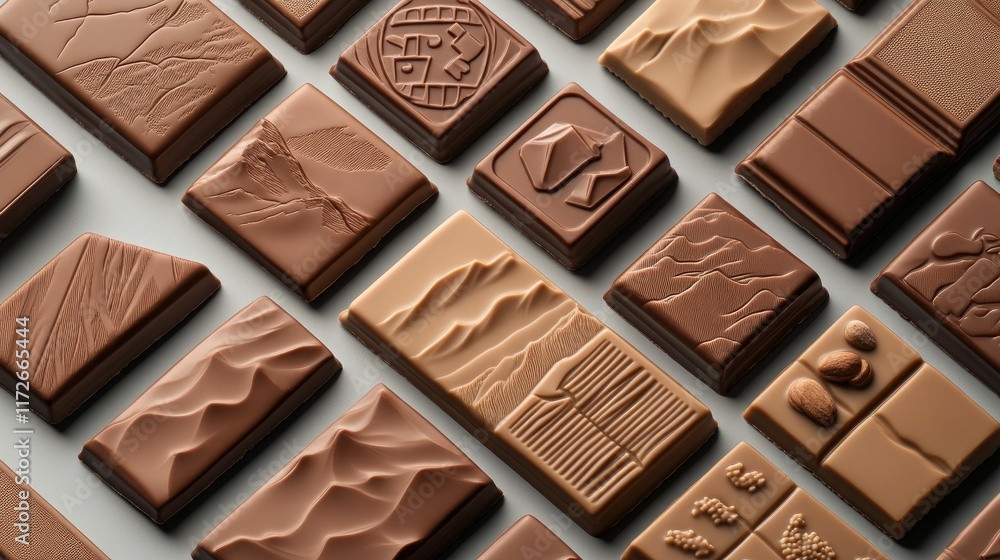 Textured chocolate squares, arranged on gray. Textured chocolate squares, arranged on gray.