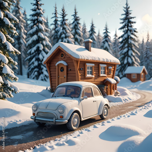 A small white car driving down a snowy road next to a cabin.