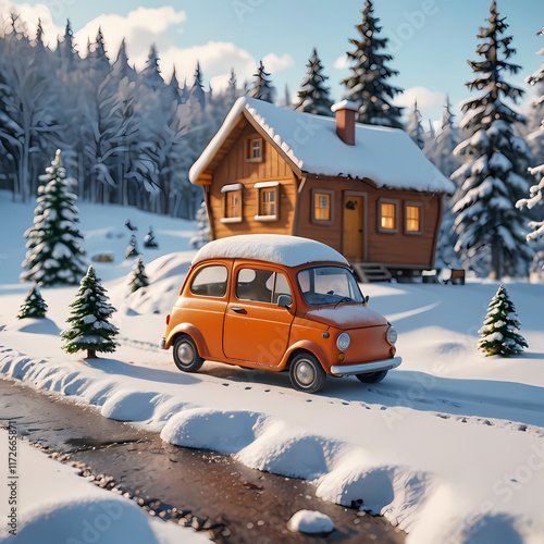 A small orange car driving down a snowy road next to a house.