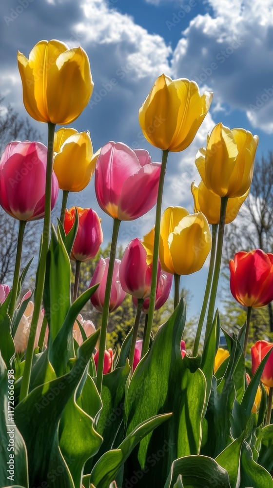 Obraz premium Colorful Tulips in Full Bloom under a Blue Sky