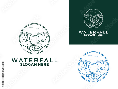 Vintage Circle Waterfall logo vector. Minimalist waterfall retro logo line art illustration template