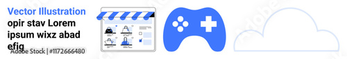 Online media storefront icon, game controller icon and cloud icon in blue, black and white colors. Ideal for web applications, online gaming, cloud storage, media consumption, digital marketplaces