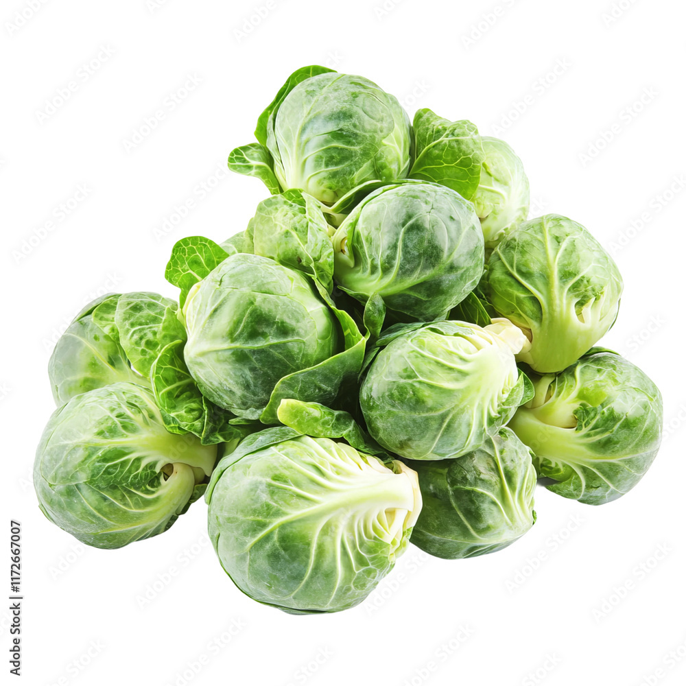 Fototapeta premium Brussel Sprouts' Pile: A vibrant pile of fresh brussel sprouts, showcasing their delicate green leaves and earthy textures, a visual feast for food enthusiasts. 