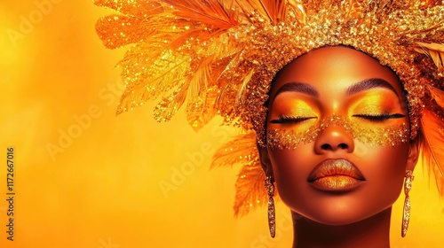 Beautiful young brown-skinned woman in carnival peacock costume on blured background. Carnival banner with copy space
