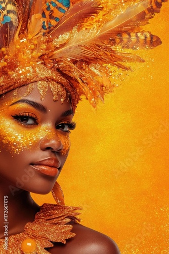 Beautiful young brown-skinned woman in carnival peacock costume on blured background. Carnival banner with copy space

