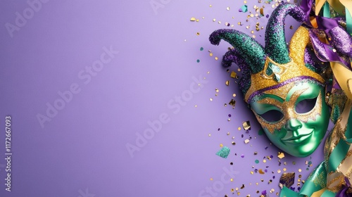 Mardi Gras masquerade festival purple background with copy space. Flat lay, top view photo