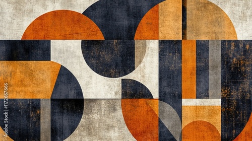 Abstract geometric background with orange, blue, and beige shapes on textured background.