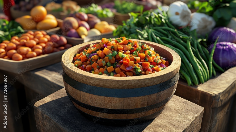 A vibrant bowl of mixed vegetables at a market display. A vibrant bowl of mixed vegetables at a market display.