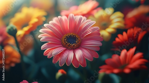 Vibrant Gerbera Daisy Close-Up in a Garden of Blossoms