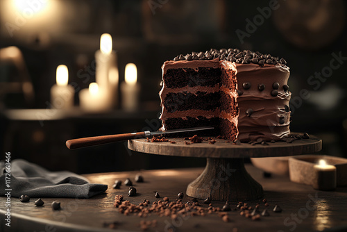 Classic Chocolate Cake on a Rustic Stand with Flickering Candlelight and Textural Detail photo