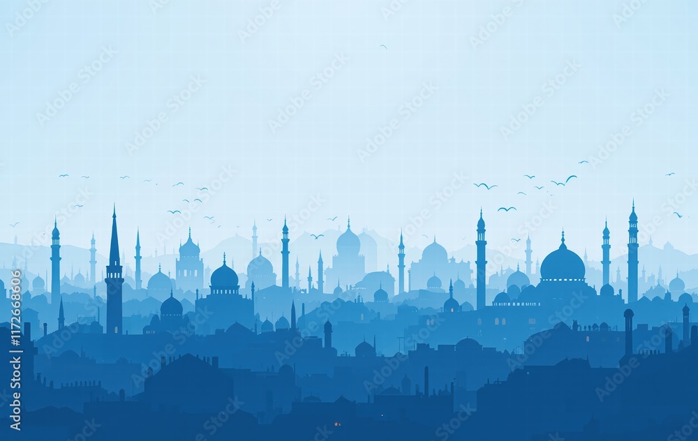 Obraz premium The beautiful silhouette of the mosque with domes and minarets against a clear sky, combining architectural elements from iconic buildings such as the Taj Mahal, captures the essence of the mosque.