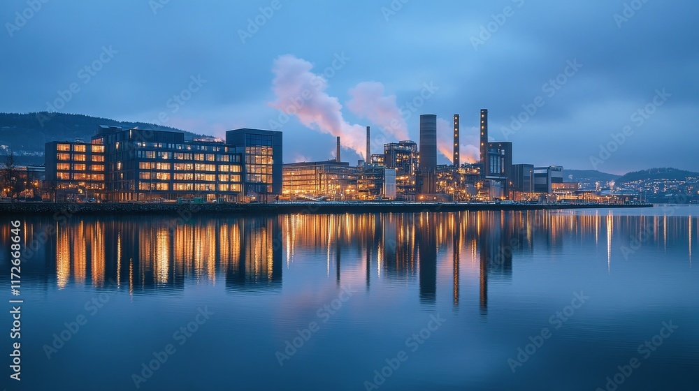 Naklejka premium Industrial Power Plant Emitting Smoke with Stunning Reflections at Dusk