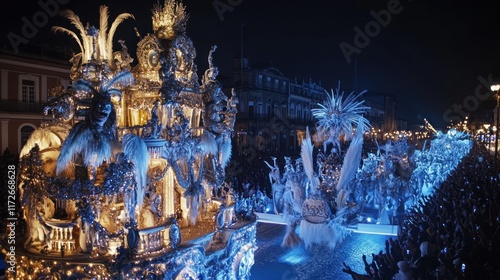 Nighttime parade float with ornate, glowing design and spectators. photo