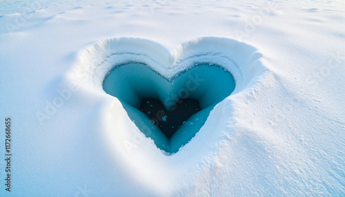 Heart-shaped ice hole in snowy landscape, symbol of love photo