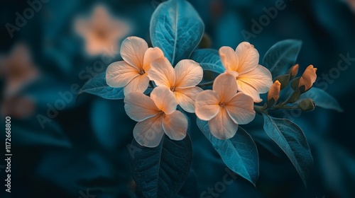 Peach Blossoms in Teal Garden: A Serene Floral Image