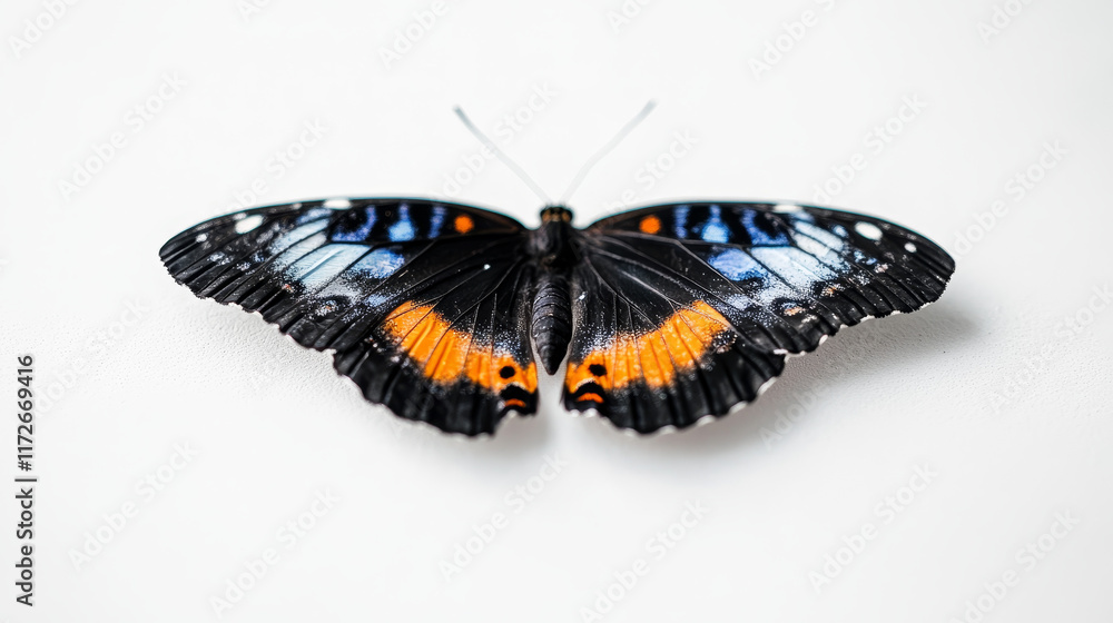 Obraz premium A butterfly wing with vibrant colors rests on a clean white surface, softly illuminated to highlight its delicate details and evoke quiet beauty and elegance.