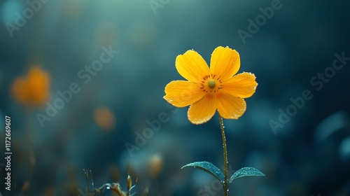 Solitary Yellow Flower in a Teal Garden: A Serene Image