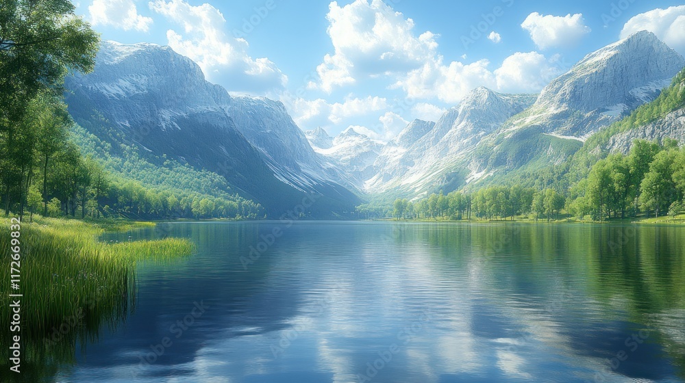 Serene alpine lake reflecting mountains under a sunny sky; idyllic nature scene for travel brochures. Serene alpine lake reflecting mountains under a sunny sky; idyllic nature scene for travel brochures.