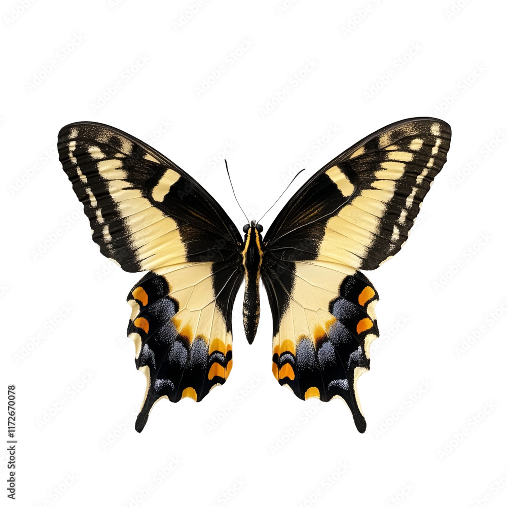 Fototapeta premium Butterfly with yellow, black, and orange patterns isolated on a white background